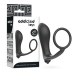 Boite Addicted Toys Anal Massager and Cock Ring du masseur prostate silicone noir incurve a anneau, packaging et produit cote a cote, vibration.