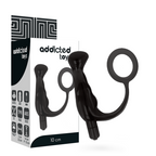 Boite Addicted Toys (10 cm) du masseur prostatique vibrant avec anneau penien, packaging et produit silicone noir cote a cote, materiaux TPR et ABS.