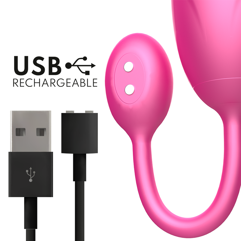 Detail de l'oeuf vibrant Tokyo rose montrant les deux boutons de commande et son cable USB rechargeable, silicone haute qualite et tige souple.