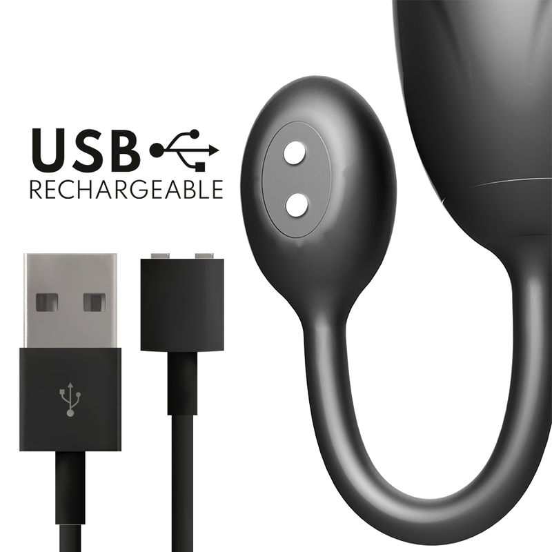 Detail de l'oeuf vibrant Tokyo gris montrant ses deux boutons de commande et le cable USB rechargeable, silicone doux et tige souple recourbee.