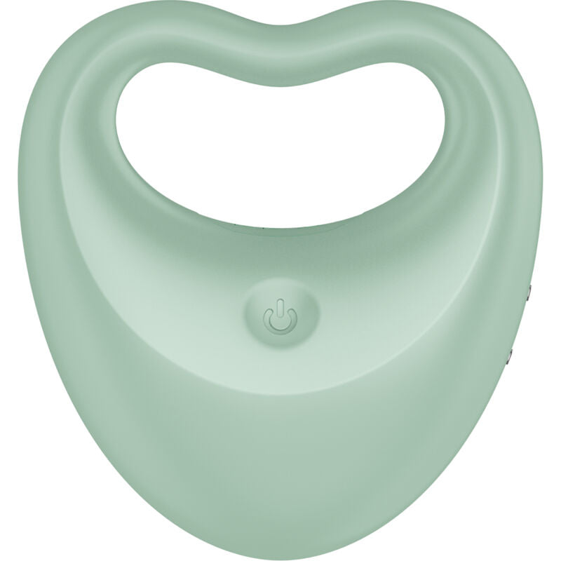 Anneau et doigt vibrant 2 en 1 vert d'eau vu de face avec bouton de commande, forme coeur en silicone medical, cockring polyvalent souple et discret