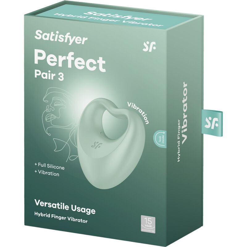 Boite Satisfyer Perfect Pair 3 vert d'eau avec dessin de visage stylise et illustration de l'anneau coeur, hybrid finger vibrator, silicone integral et vibration