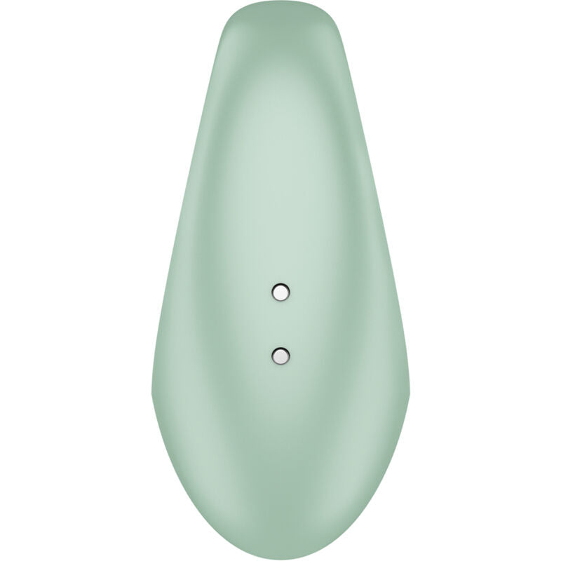 Stimulateur 2 en 1 vert d'eau vu de profil montrant les deux ports de charge magnetique, anneau coeur en silicone medical, doigt vibrant et cockring combine