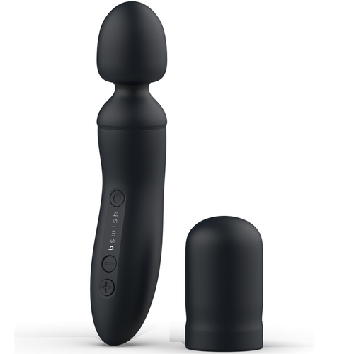 Baguette vibrante noire à tête arrondie et col flexible, capuchon noir détaché posé à côté. Vue de face du wand rechargeable, boutons de commande et poignée inclinée lisses.