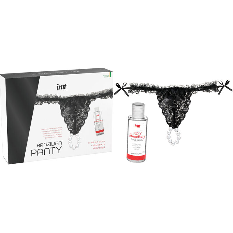 Pack Brazilian Panty Intt presentant le flacon de gel lubrifiant fraise et la culotte bresilienne noire en dentelle ornee de perles deployee a cote de la boite.