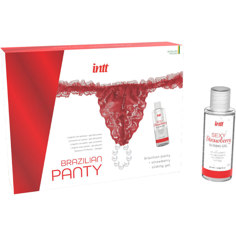Culotte brésilienne rouge avec perles et lubrifiant 50 ml — détail produit
