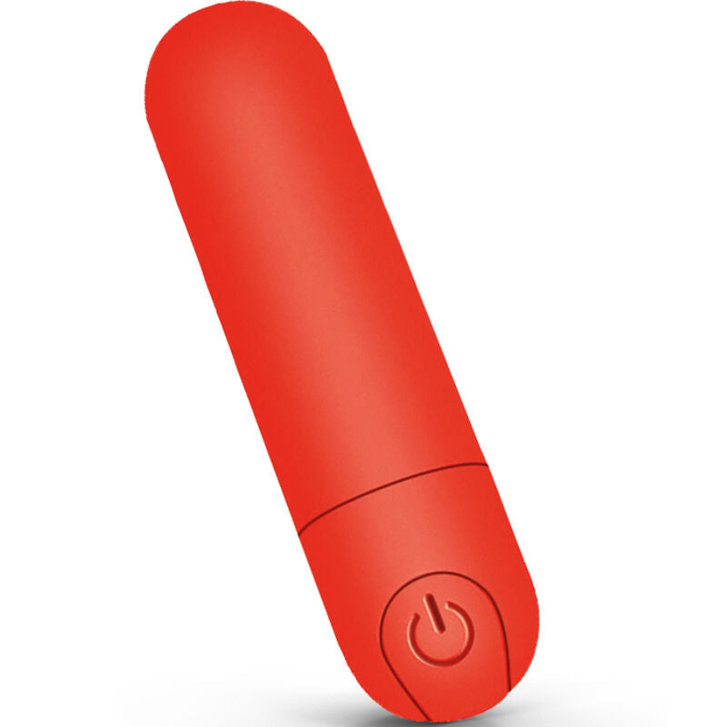 Gros plan de la mini balle vibrante rouge lisse Intt en ABS avec bouton de commande, format compact rechargeable USB offrant dix modes de vibration.