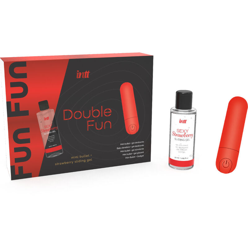 Kit Double Fun Intt avec boite, flacon de gel comestible fraise et mini balle vibrante rouge lisse rechargeable USB presentes cote a cote.