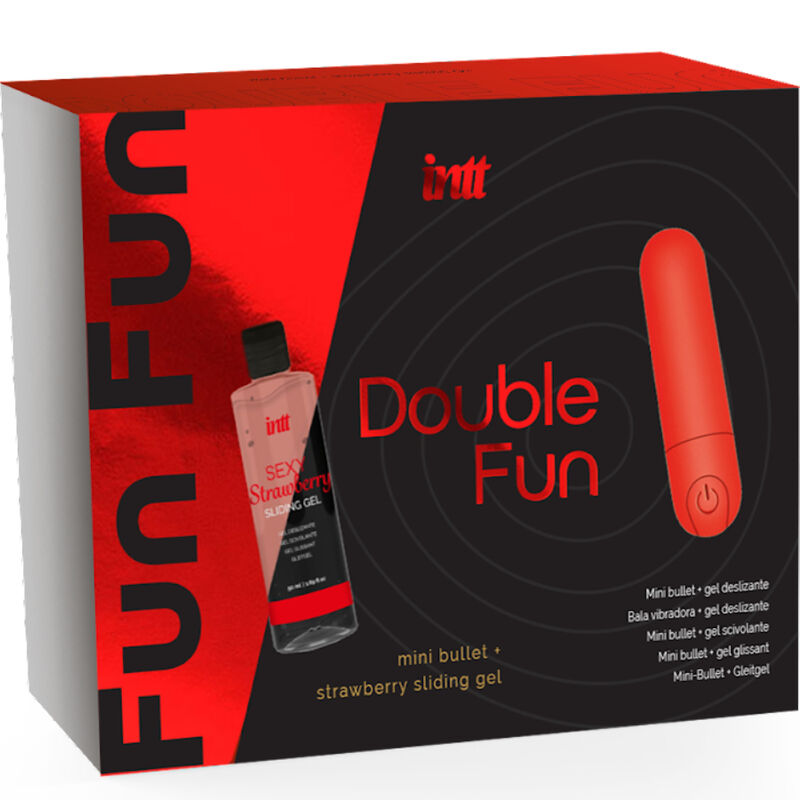 Boite Double Fun Intt de face montrant le kit couple avec balle vibrante rouge lisse rechargeable 10 modes et gel comestible fraise inclus.