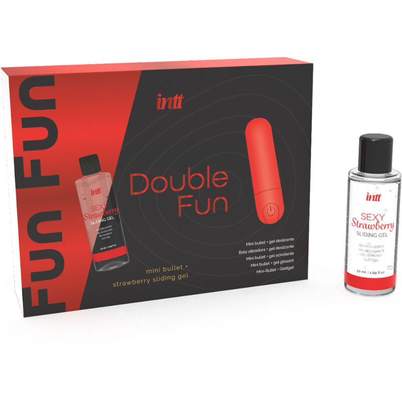 Coffret Double Fun Intt vu de cote avec mini balle vibrante rouge, flacon de gel glissant fraise comestible et boite assortie du kit couple.