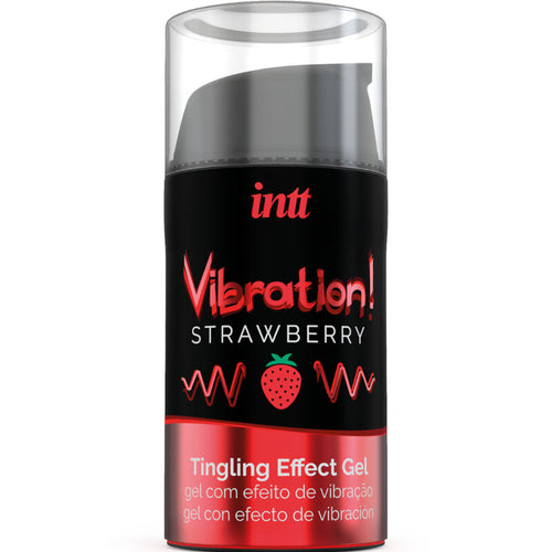 Boite Vibration Strawberry Intt de face presentant le gel stimulant intime liquide saveur fraise a effet picotement vibrant en flacon 15 ml.