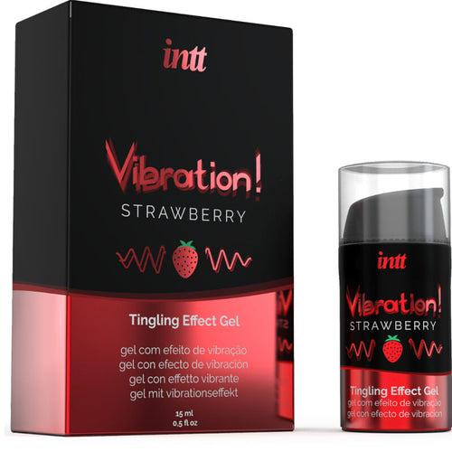 Boite Vibration Strawberry Intt avec son flacon airless du gel stimulant saveur fraise sucree, effet picotement vibrant pour jeux a deux.
