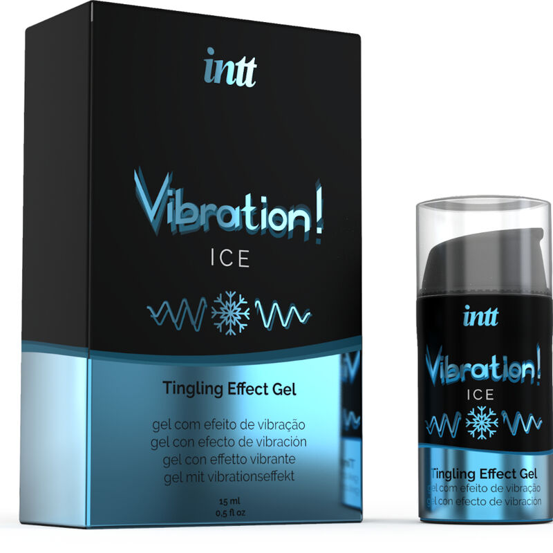 Boite Vibration Ice Intt avec son flacon airless du gel a effet picotement menthe glacee, stimulant intime externe au format 15 ml.