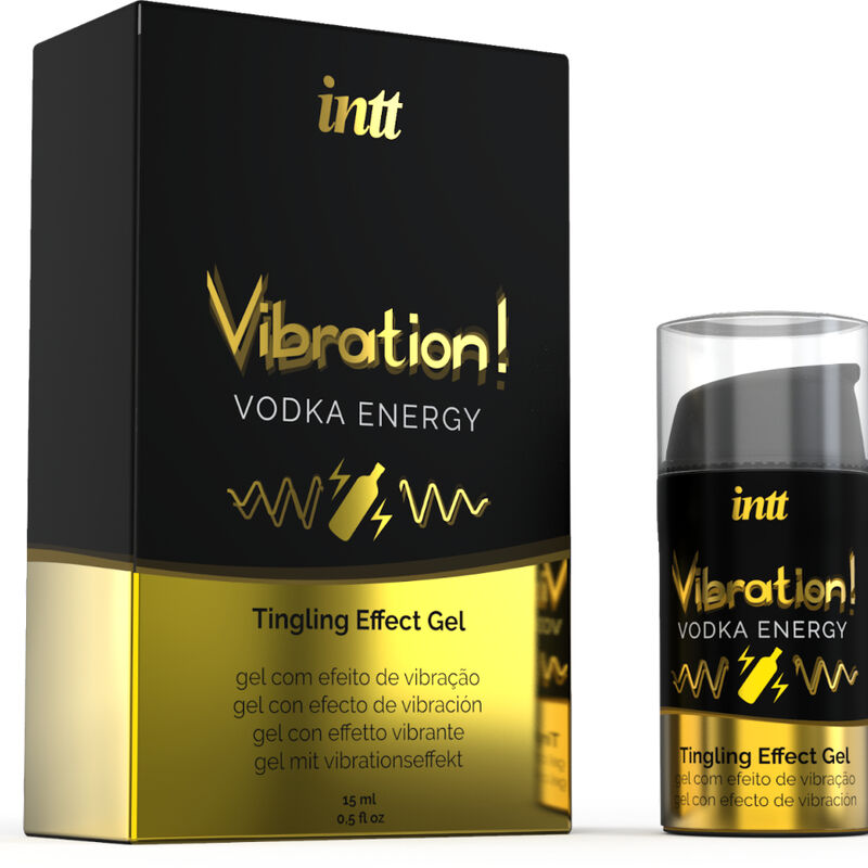 Boite Vibration Vodka Energy Intt avec son flacon airless du gel stimulant comestible saveur vodka, effet vibrant pour clitoris ou gland.