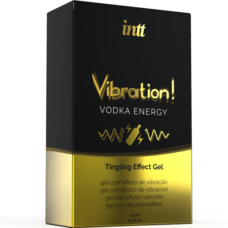 Boite Vibration Vodka Energy Intt de face, gel stimulant comestible saveur vodka energisante a effet vibrant intense, format distributeur 15 ml.