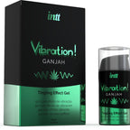 Boite Vibration Ganjah Intt avec son flacon airless du gel stimulant arome cannabis, effet picotement vibrant intense embrassable, format 15 ml.