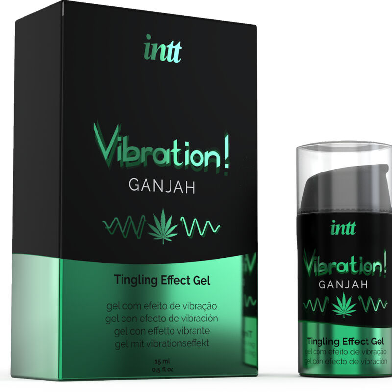 Boite Vibration Ganjah Intt avec son flacon airless du gel stimulant arome cannabis, effet picotement vibrant intense embrassable, format 15 ml.