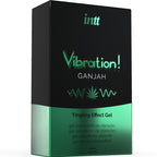Boite Vibration Ganjah Intt de face, gel stimulant liquide arome cannabis a effet vibrant intense pour zones intimes, format pratique 15 ml.