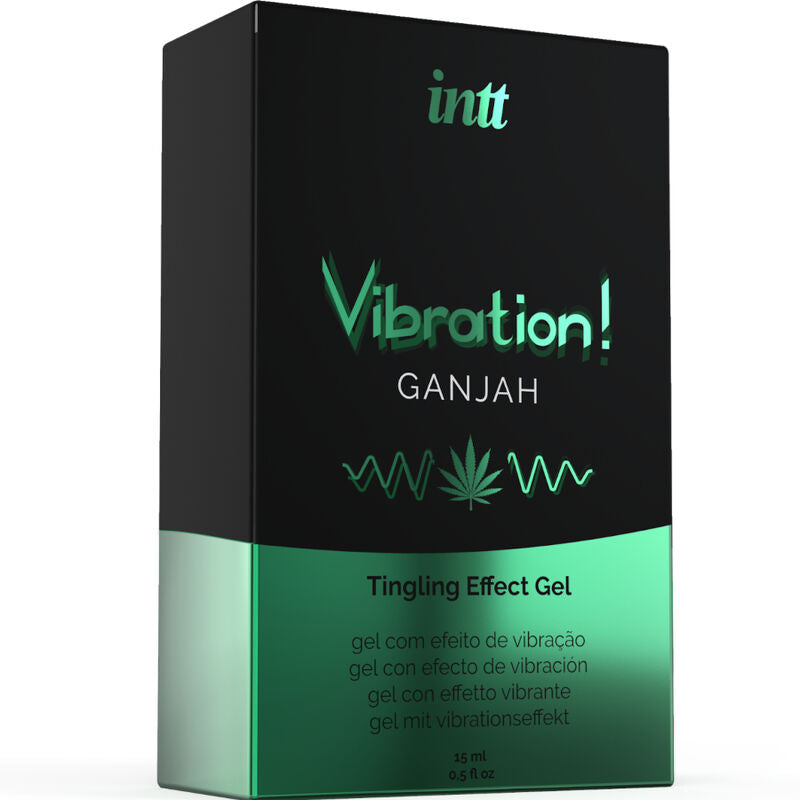 Boite Vibration Ganjah Intt de face, gel stimulant liquide arome cannabis a effet vibrant intense pour zones intimes, format pratique 15 ml.