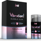 Boite Vibration Bubble Gum Intt de face, gel stimulant base eau a effet vibrant saveur bubble gum sucree, flacon distributeur de 15 ml.