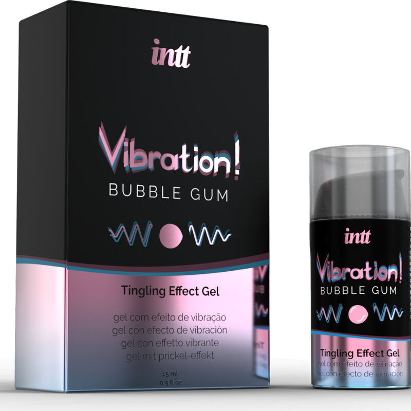 Boite Vibration Bubble Gum Intt de face, gel stimulant base eau a effet vibrant saveur bubble gum sucree, flacon distributeur de 15 ml.