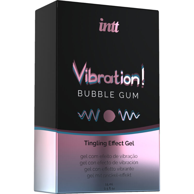 Boite Vibration Bubble Gum Intt vue de face, gel a effet picotement vibrant saveur chewing-gum a appliquer sur vulve, clitoris ou penis.