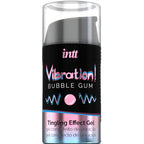 Boite Vibration Bubble Gum Intt avec son flacon airless du gel stimulant base eau saveur chewing-gum sucre, effet vibrant pour zones intimes.