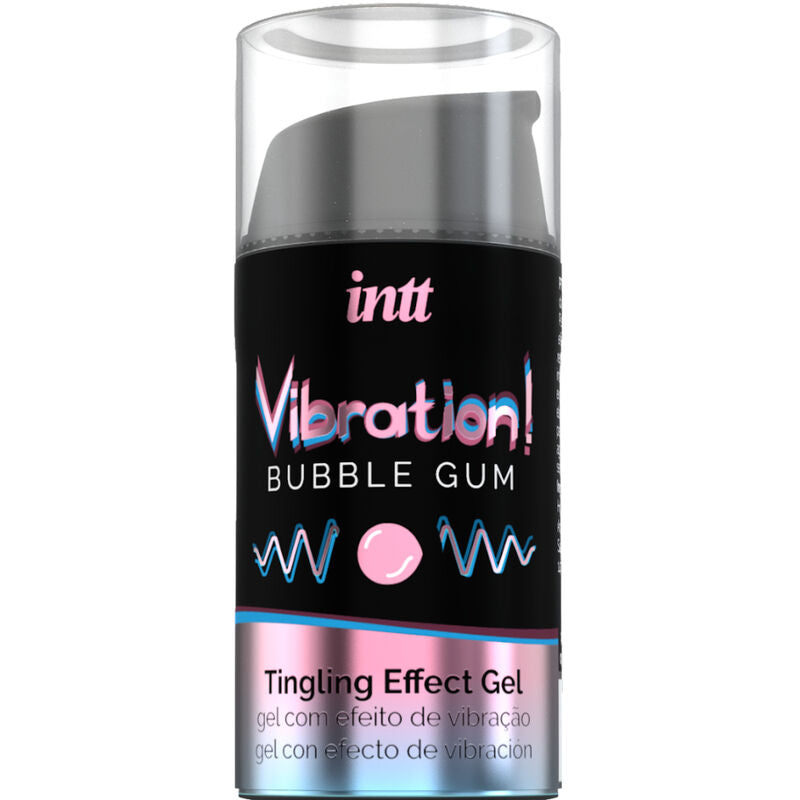 Boite Vibration Bubble Gum Intt avec son flacon airless du gel stimulant base eau saveur chewing-gum sucre, effet vibrant pour zones intimes.