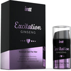 Boite Excitation Ginseng Intt avec son flacon airless du gel excitant feminin chauffant au ginseng, effet picotement clitoridien, format 15 ml.