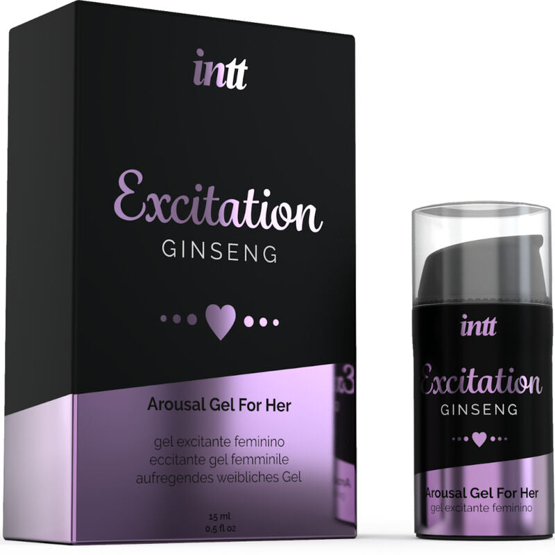 Boite Excitation Ginseng Intt avec son flacon airless du gel excitant feminin chauffant au ginseng, effet picotement clitoridien, format 15 ml.