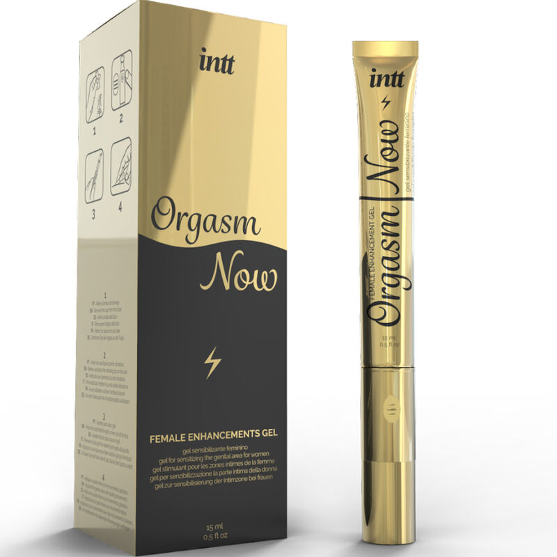 Boite Orgasm Now Intt avec son applicateur tube dore a bille vibrante, gel stimulant clitoridien chauffant feminin a effet picotement, 15 ml.
