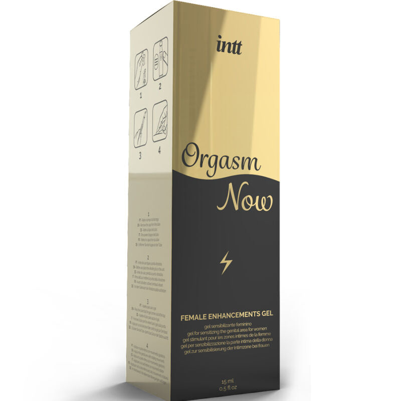 Boite Orgasm Now Intt de face, gel stimulant clitoridien chauffant en tube applicateur a bille vibrante pour intensifier la zone sensible.