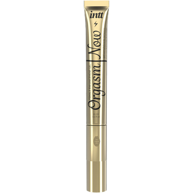 Applicateur tube dore Orgasm Now Intt avec bille vibrante integree, gel stimulant clitoridien chauffant a effet picotement pour zone sensible.