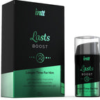 Boite Lasts Boost Intt avec son flacon airless du gel retardant masculin clou de girofle et menthe, effet longue duree pour homme, 15 ml.