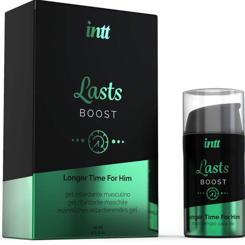 Boite Lasts Boost Intt avec son flacon airless du gel retardant masculin clou de girofle et menthe, effet longue duree pour homme, 15 ml.