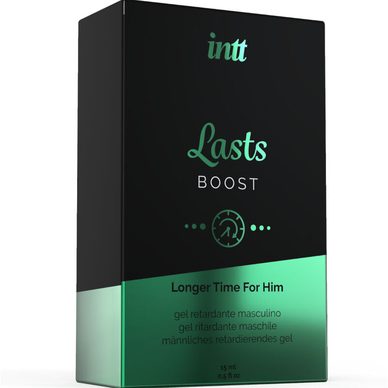 Boite Lasts Boost Intt de face, gel retardant masculin au clou de girofle et menthe pour reduire l hypersensibilite et prolonger le plaisir.