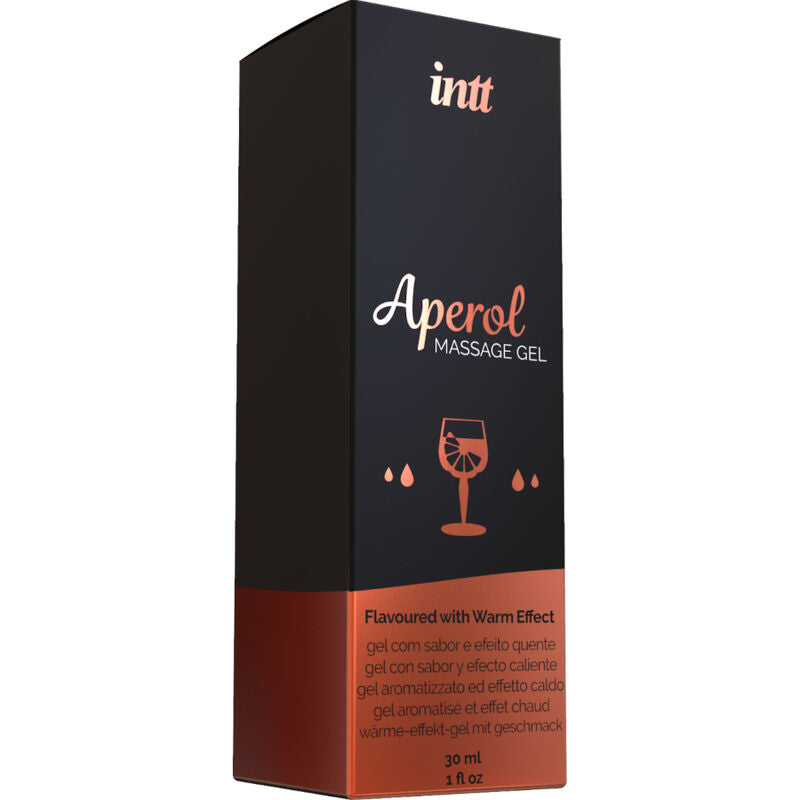Boite Aperol Massage Gel Intt de face, gel comestible aromatise Aperol a effet chaleur leger pour massage et caresses sensuelles du corps.