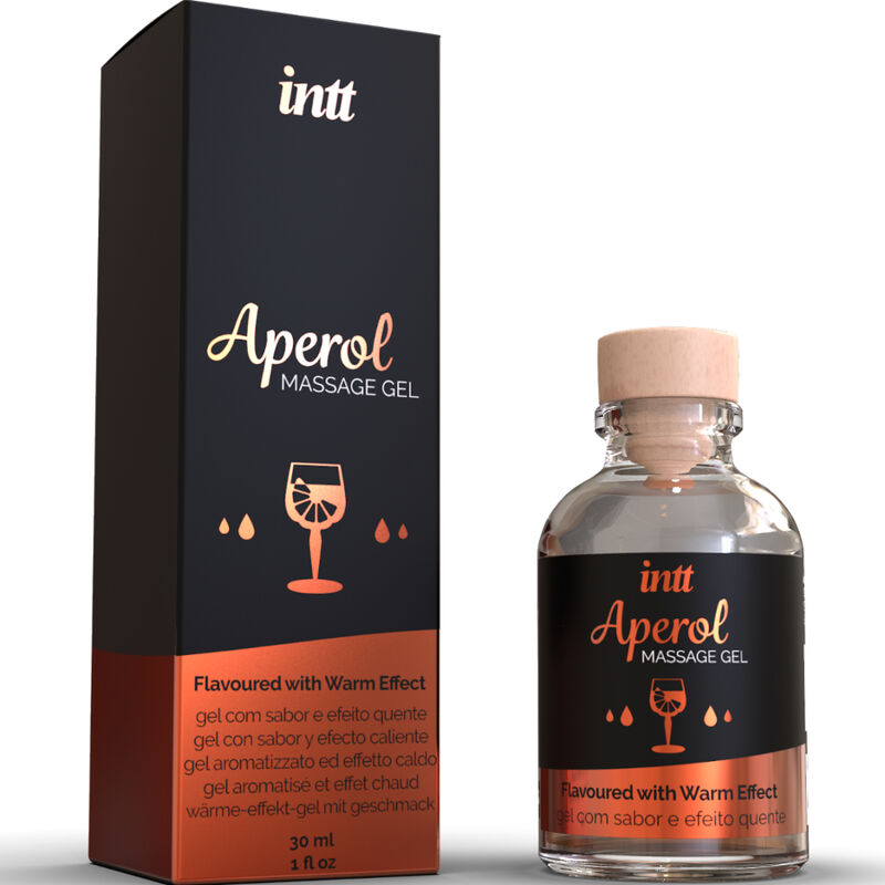 Boite Aperol Intt avec son flacon en verre a bouchon liege, gel de massage comestible arome Aperol cocktail a effet chaleur, format 30 ml.