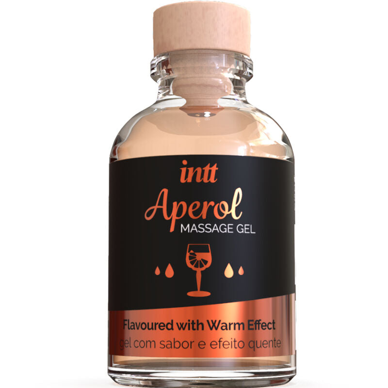 Flacon en verre a bouchon liege Aperol Intt, gel de massage comestible arome Aperol a effet chaleur leger pour caresses sensuelles, format 30 ml.