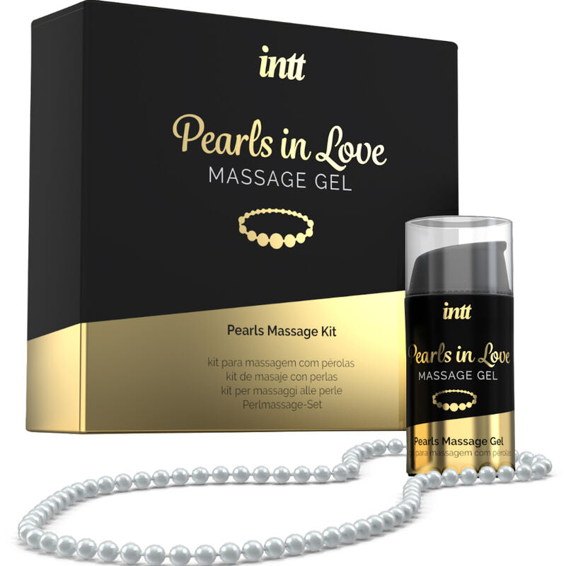 Coffret Pearls in Love Intt avec boite, flacon airless de gel silicone et collier de perles blanches pour massages sensoriels glissants.