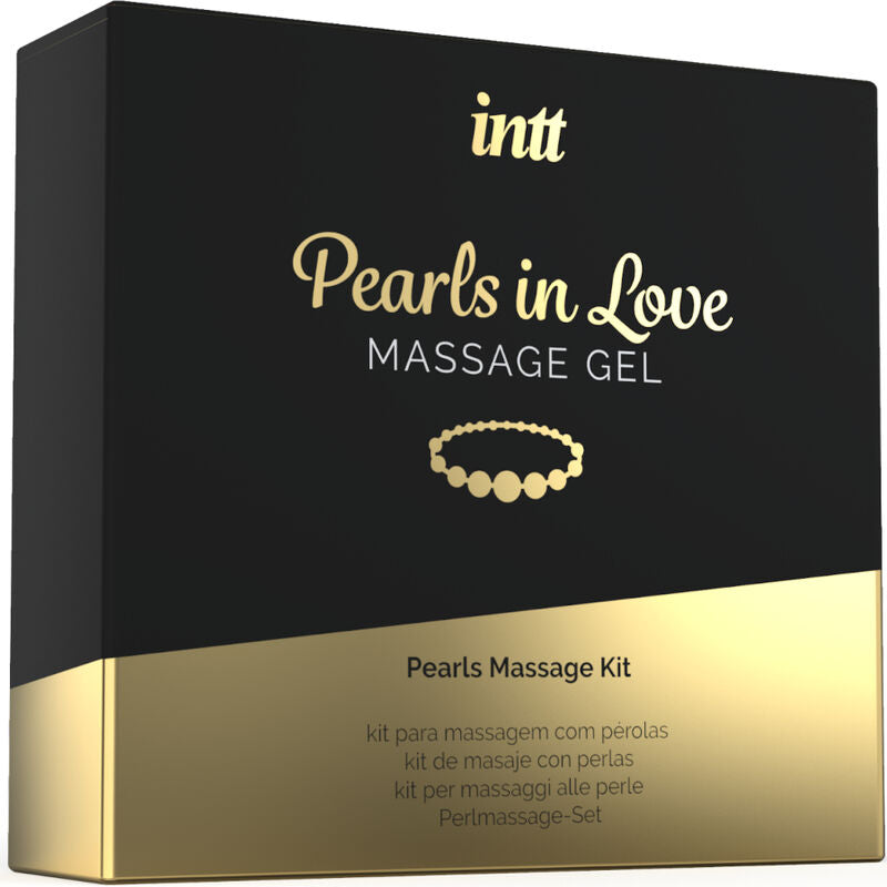 Boite Pearls in Love Massage Gel Intt de face, kit de massage avec gel silicone et collier de perles pour explorer des massages sensoriels.