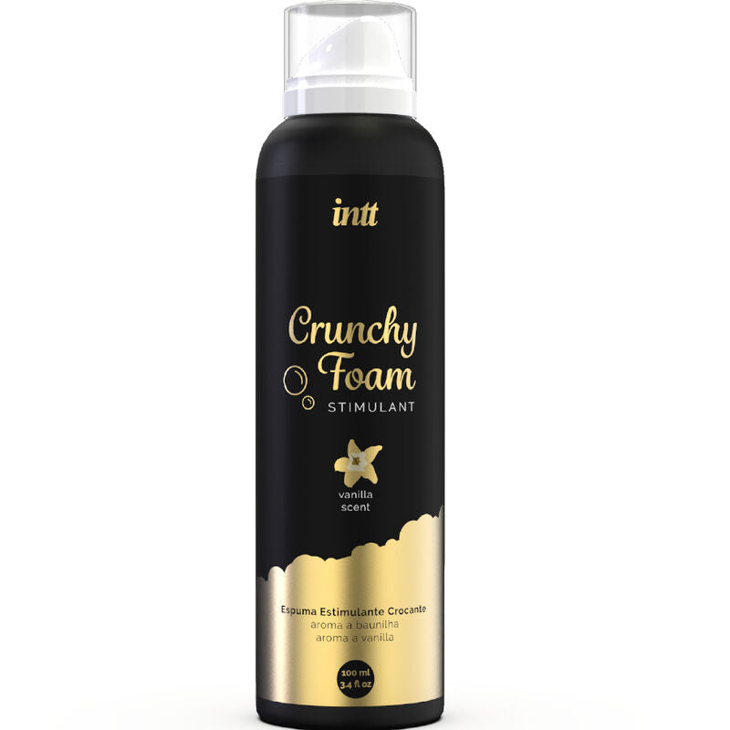 Flacon Crunchy Foam Intt de la mousse de massage effervescente saveur vanille 100 ml, particules actives stimulant la microcirculation, texture veloutee.
