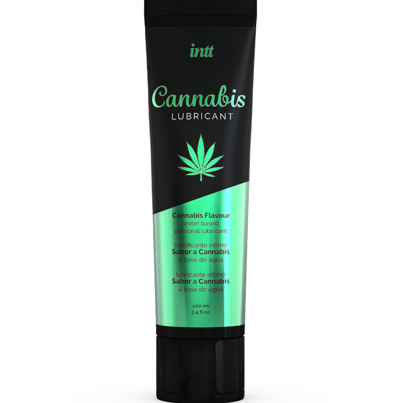 Tube Cannabis Lubricant Intt de face, lubrifiant gourmand comestible base eau arome cannabis 100 ml, compatible preservatifs et sextoys.