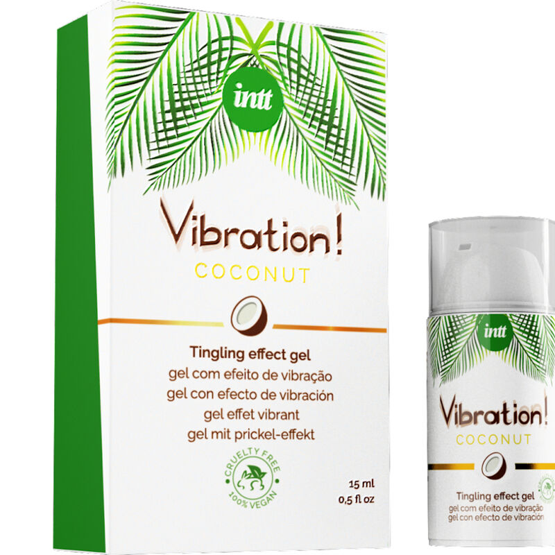 Boite Vibration Coconut Intt avec son flacon airless du gel stimulant vegan saveur noix de coco sucree a effet vibrant, format pratique 15 ml.