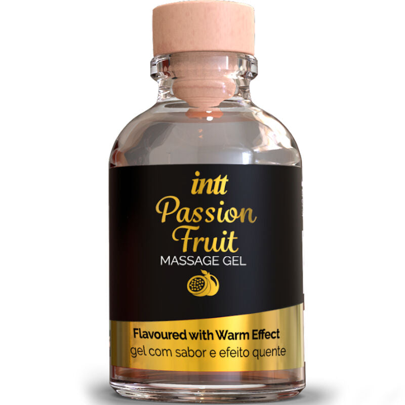 Flacon en verre a bouchon liege Passion Fruit Intt, gel de massage gourmand saveur fruit de la passion a effet chaleur tres leger, format 30 ml.