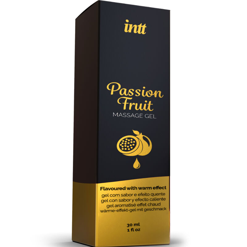 Boite Passion Fruit Massage Gel Intt de face, gel de massage gourmand saveur exotique fruit de la passion a effet chaleur leger et embrassable.
