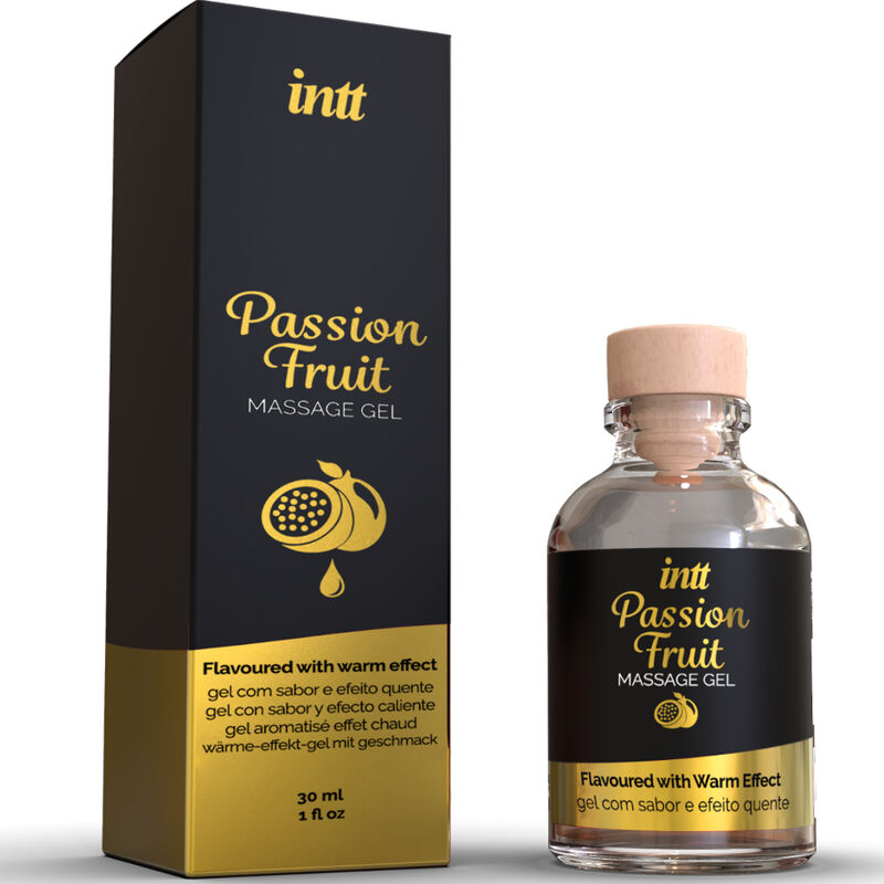 Boite Passion Fruit Intt avec son flacon en verre a bouchon liege, gel de massage gourmand saveur fruit de la passion a effet chaleur, 30 ml.