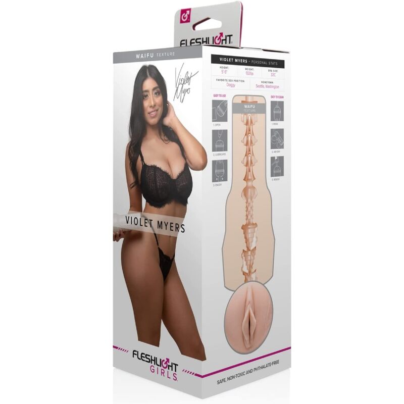 Boite du masturbateur Fleshlight Violet Myers face et profil, montrant l'actrice en lingerie et l'orifice vaginal realiste de la gaine Superskin.