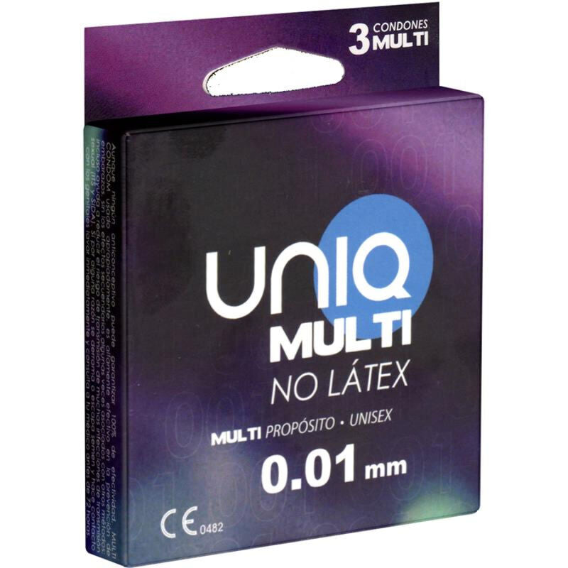 Boite violette degradee des preservatifs sans latex Uniq Multi, lot de 3, 0,01 mm d'epaisseur, multi-usage unisexe, design moderne sans element anatomique visible.