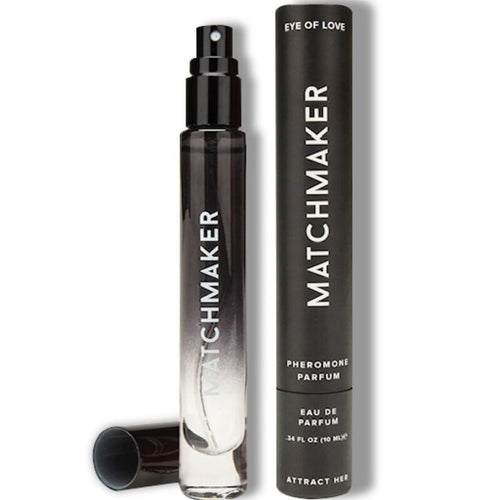 Parfum aux phéromones Matchmaker Black Diamond, flacon spray fume devant sa boite noire Pheromone Parfum, accord boisé fruite cedre cassis citron ambre musc Eye Of Love.